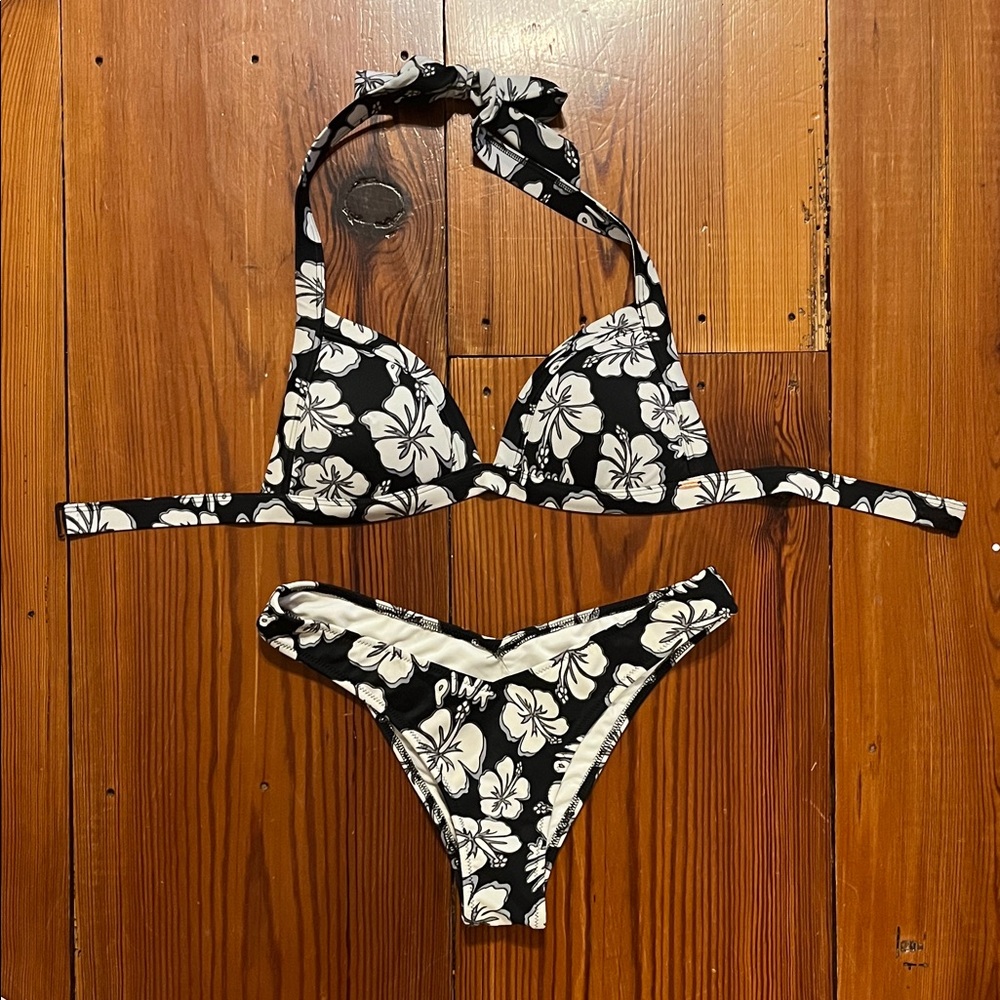 PINK Victoria's Secret Black & White Floral Halter Push Up Bikini